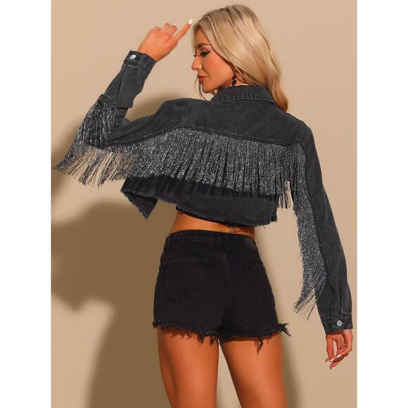 Crop Denim Jacket Tassel Button Down Long Sleeves Black - Picture 4 of 6